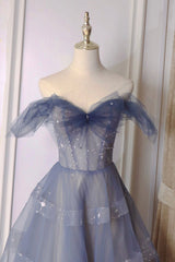 Blue Tulle Long A-Line Corset Prom Dress outfits, Prom Dress Two Piece