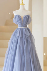 Blue Tulle Long A-Line Corset Prom Dress, Cute Strapless Graduation Dress outfits, Prom Dresses For Teen