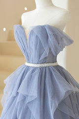 Blue Tulle Long A-Line Corset Prom Dress, Cute Strapless Graduation Dress outfits, Prom Dresses Nearby