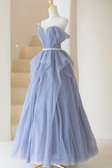 Blue Tulle Long A-Line Corset Prom Dress, Cute Strapless Graduation Dress outfits, Prom Dress With Shorts