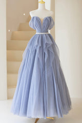 Blue Tulle Long A-Line Corset Prom Dress, Cute Strapless Graduation Dress outfits, Prom Dress For Teen