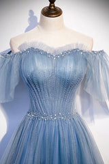 Blue Tulle Long A-Line Corset Prom Dress, Off the Shoulder Evening Party Dress Outfits, Bridesmaid Dress Fall Colors