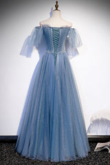 Blue Tulle Long A-Line Corset Prom Dress, Off the Shoulder Evening Party Dress Outfits, Bridesmaid Dressing Gown