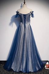 Blue Tulle Long A-Line Corset Prom Dress, Off the Shoulder Evening Party Dress Outfits, Prom Dress Simple