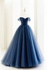 Blue Tulle Long A-Line Corset Prom Dress, Off the Shoulder Corset Formal Evening Dress outfit, Party Dresses Idea