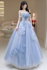 Blue Tulle Long A-Line Corset Prom Dress Party Dress, Blue Evening Dress outfit, Bridesmaids Dresses Wedding