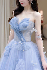 Blue Tulle Long A-Line Corset Prom Dress Party Dress, Blue Evening Dress outfit, Bridesmaid Dress Wedding