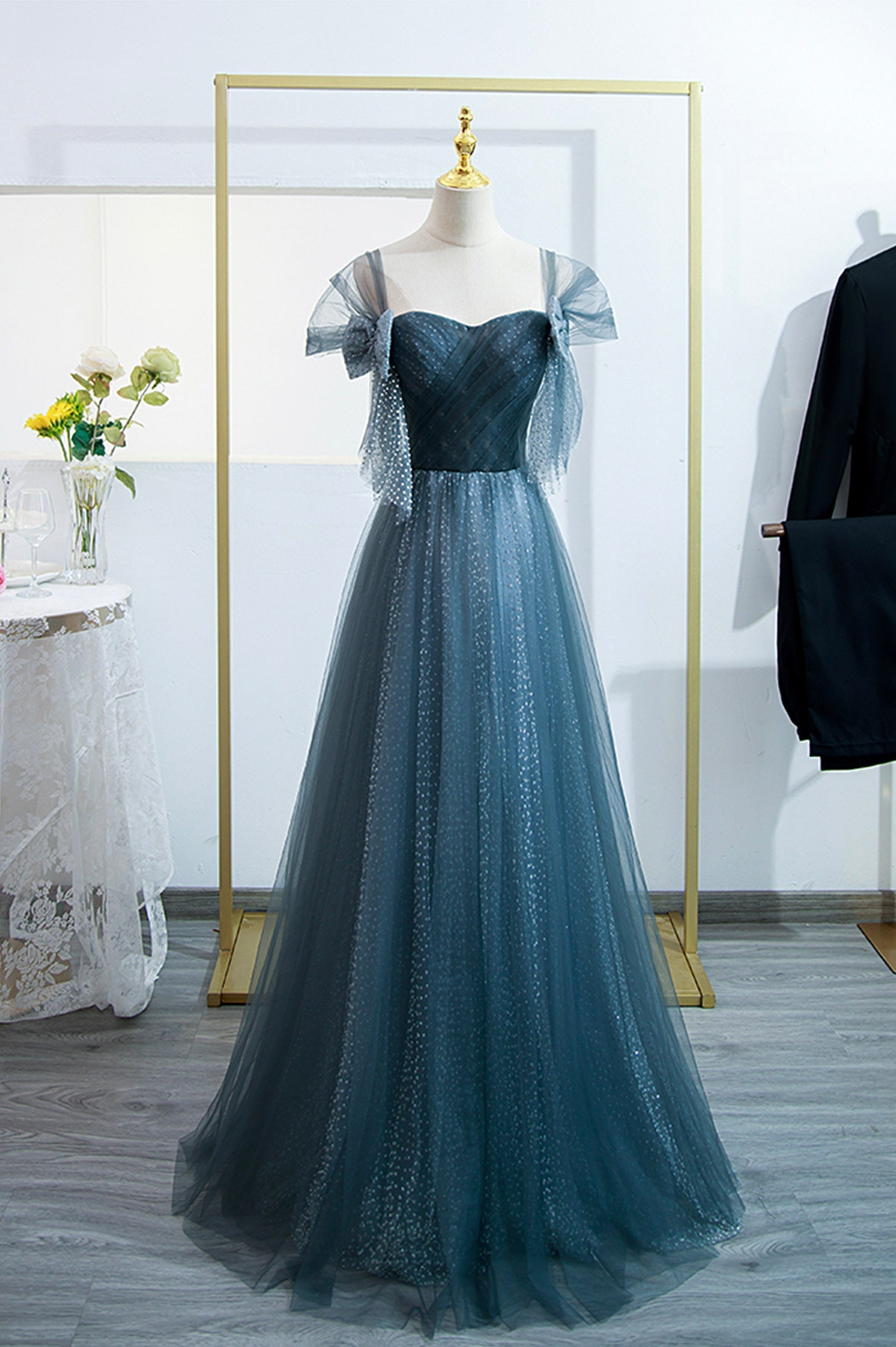 Blue Tulle Long A-Line Corset Prom Dress, Simple Sweetheart Neckline Evening Party Dress Outfits, Evening Dress Store