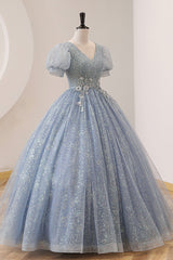 Blue Tulle Long A-Line Corset Prom Dress, V-Neck Short Sleeve Evening Dress outfit, Formal Dress For Wedding Reception