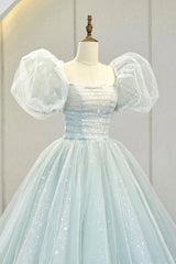 Blue Tulle Long A-Line Corset Prom Dress with Sequins, Lovely Puff Sleeve Evening Gown outfits, Hoco