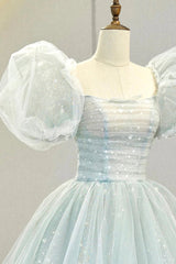 Blue Tulle Long A-Line Corset Prom Dress with Sequins, Lovely Puff Sleeve Evening Gown outfits, Short Black Dress