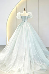 Blue Tulle Long A-Line Corset Prom Dress with Sequins, Lovely Puff Sleeve Evening Gown outfits, Prom Dresses Long