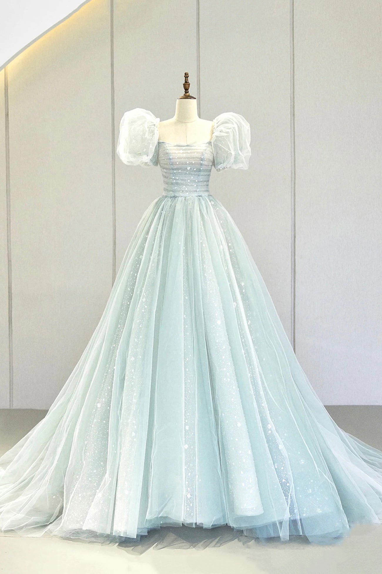 Blue Tulle Long A-Line Corset Prom Dress with Sequins, Lovely Puff Sleeve Evening Gown outfits, Sundress