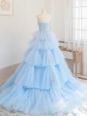 Blue tulle long Corset Prom dress, blue tulle evening dress outfit, Prom Dress2021