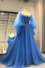 Blue Tulle Long Sleeve Corset Prom Dress, A-Line Tulle Corset Formal Evening Dress outfit, Bridesmaid Dress Different Styles