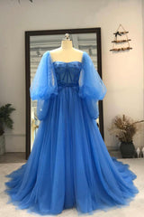 Blue Tulle Long Sleeve Corset Prom Dress, A-Line Tulle Corset Formal Evening Dress outfit, Bridesmaid Dresses Different Style