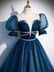 Blue Tulle Off Shoulder Long Corset Prom Dress, Blue Tulle Corset Formal Dress outfit, Dress Prom