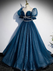 Blue Tulle Off Shoulder Long Corset Prom Dress, Blue Tulle Corset Formal Dress outfit, Black Tie Dress