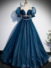 Blue Tulle Off Shoulder Long Corset Prom Dress, Blue Tulle Corset Formal Dress outfit, Short Formal Dress