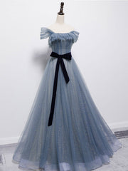 Blue Tulle Off Shoulder Sequin Long Corset Prom Dress Blue Evening Dress outfit, Evening Dress Yde