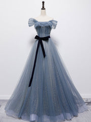 Blue Tulle Off Shoulder Sequin Long Corset Prom Dress Blue Evening Dress outfit, Evening Dresses Yde