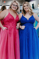 Blue Tulle Plus Size Long Corset Prom Dress with Appliques Gowns, Blue Tulle Plus Size Long Prom Dress with Appliques