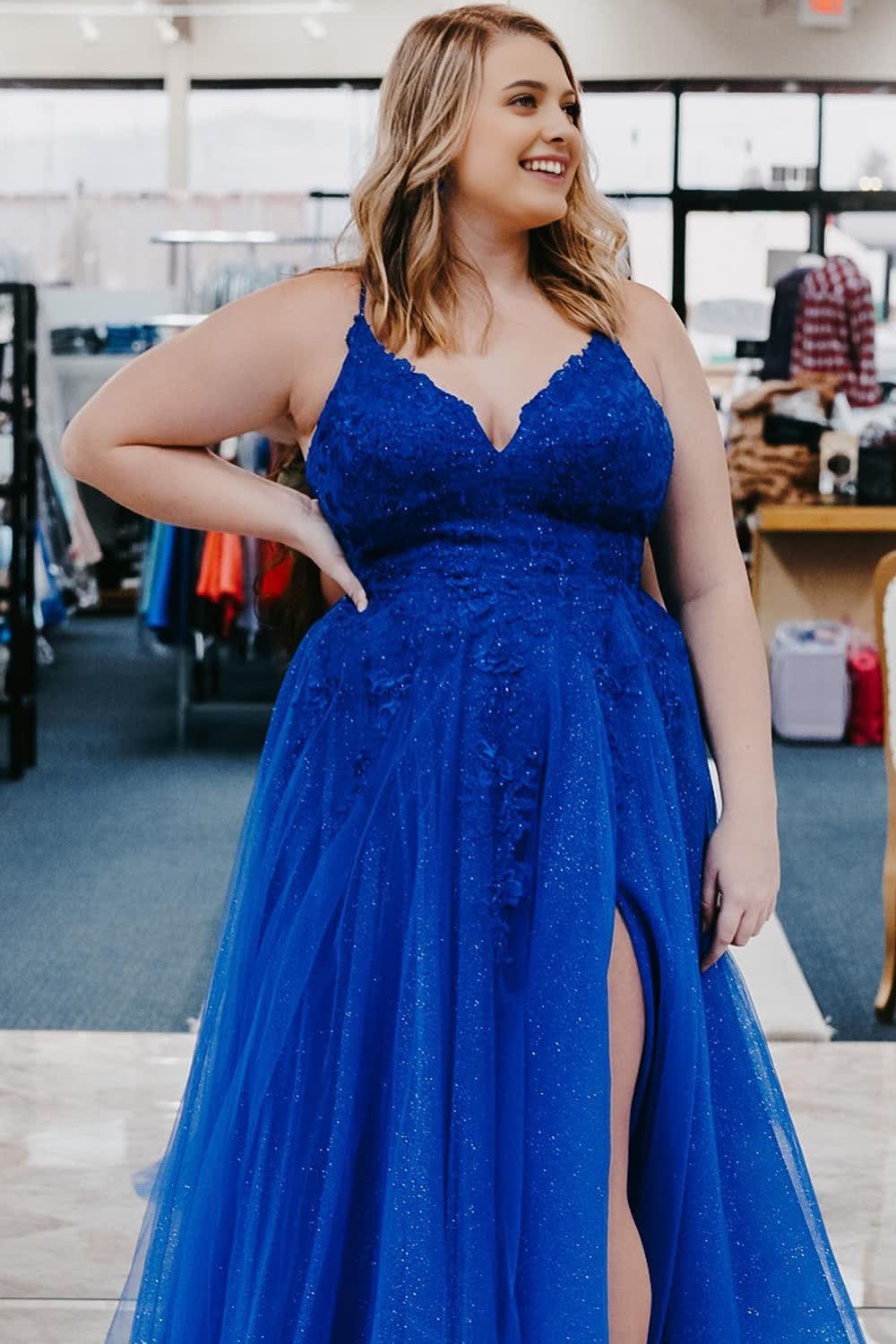 Blue Tulle Plus Size Long Corset Prom Dress with Appliques Gowns, Blue Tulle Plus Size Long Prom Dress with Appliques