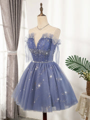 Blue Tulle Sequin Short Corset Prom Dress, Puffy Blue Corset Homecoming Dress outfit, Formal Dress For Wedding Reception