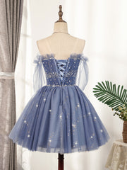 Blue Tulle Sequin Short Corset Prom Dress, Puffy Blue Corset Homecoming Dress outfit, Formal Dresses For Weddings Guest