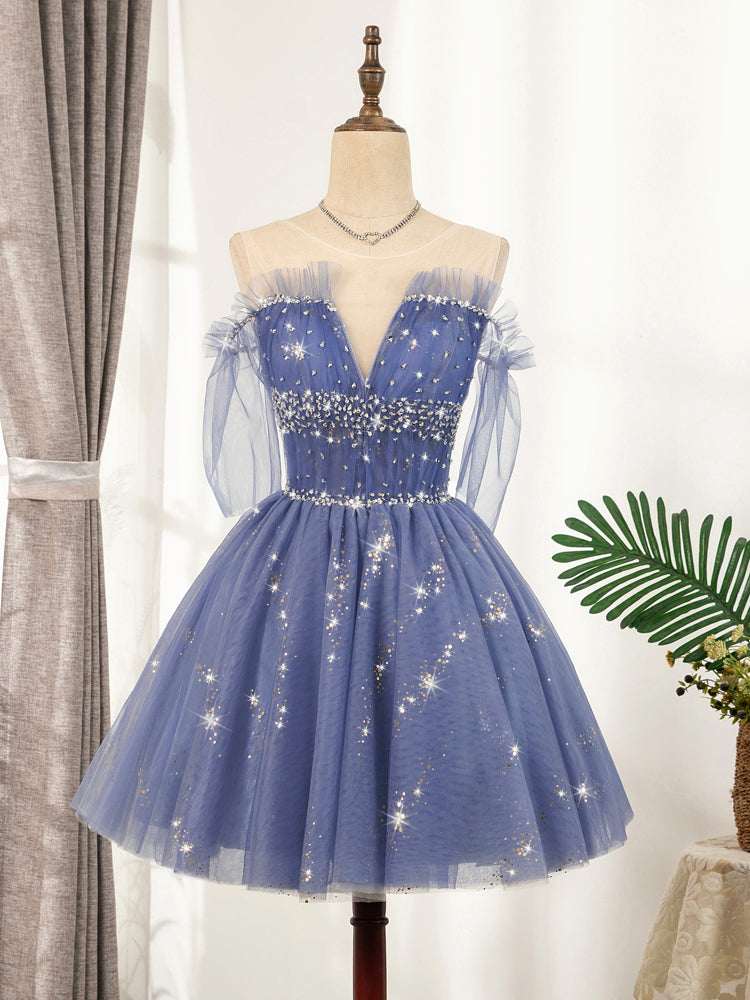 Blue Tulle Sequin Short Corset Prom Dress, Puffy Blue Corset Homecoming Dress outfit, Formal Dress Attire For Wedding