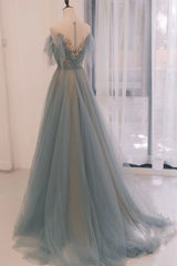 Blue Tulle Sequins Long Corset Prom Dress, A-Line Scoop Neckline Party Dress Outfits, Ethereal Dress