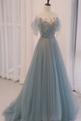 Blue Tulle Sequins Long Corset Prom Dress, A-Line Scoop Neckline Party Dress Outfits, Fairy Dress