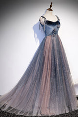 Blue Tulle Spaghetti Strap Long Corset Prom Dress, A-Line Lace-Up Evening Dress outfit, Party Dresses Glitter