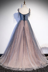 Blue Tulle Spaghetti Strap Long Corset Prom Dress, A-Line Lace-Up Evening Dress outfit, Party Dress Glitter