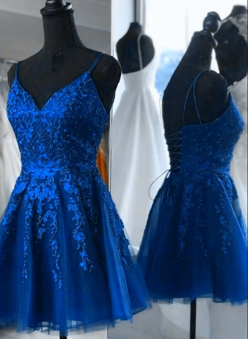 Blue Tulle with Lace Straps Short Corset Homecoming Dress, V-neckline Blue Corset Prom Dresses outfit, Prom Dress Ideas Unique