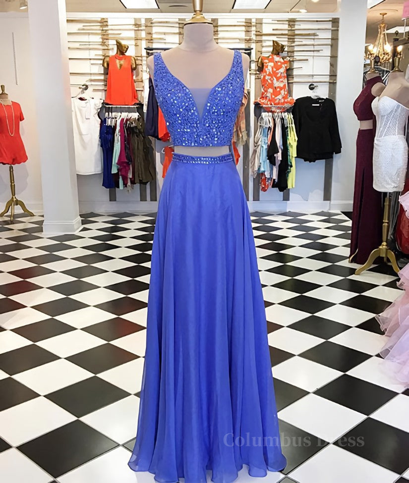 Blue two pieces beads long Corset Prom dress, blue evening dress outfit, Evening Dress Elegant Classy