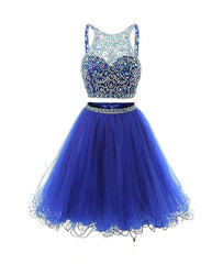 Blue two pieces tulle sequin beads short Corset Prom dress, blue homecoming outfit, Evening Dress Maxi Long Sleeve