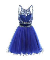 Blue two pieces tulle sequin beads short Corset Prom dress, blue homecoming outfit, Evening Dresses