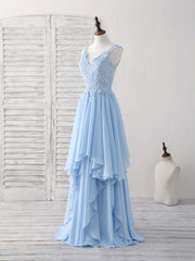 Blue V Neck Applique Chiffon Long Corset Prom Dress Lace Corset Bridesmaid Dress outfit, Party Dresses Styles