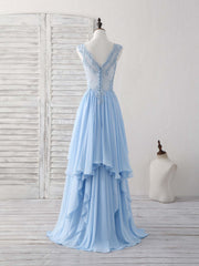 Blue V Neck Applique Chiffon Long Corset Prom Dress Lace Corset Bridesmaid Dress outfit, Party Dress Hair Style