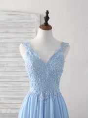 Blue V Neck Applique Chiffon Long Corset Prom Dress Lace Corset Bridesmaid Dress outfit, Party Dress Dress Up