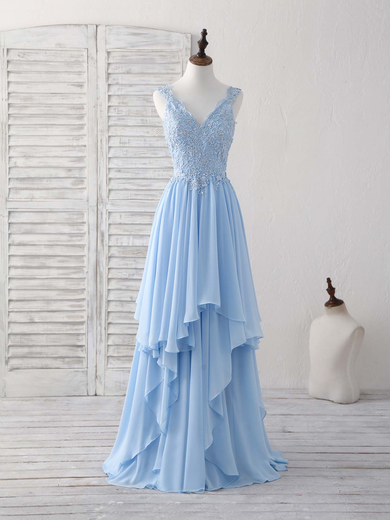 Blue V Neck Applique Chiffon Long Corset Prom Dress Lace Corset Bridesmaid Dress outfit, Party Dresses Style