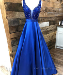 Blue v neck beads satin long Corset Prom dress, blue evening dress outfit, Homecomming Dress Long