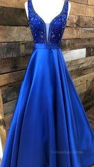 Blue v neck beads satin long Corset Prom dress, blue evening dress outfit, Homecoming Dresses 2026