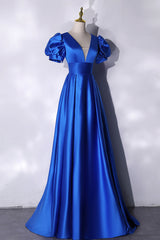 Blue V-Neck Satin Long Corset Prom Dress, Simple Blue Evening Party Dress Outfits, 99 Prom Dress