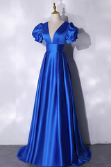 Blue V-Neck Satin Long Corset Prom Dress, Simple Blue Evening Party Dress Outfits, Wedding Guest Dress Summer