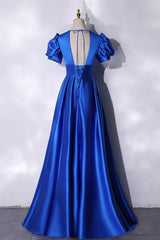 Blue V-Neck Satin Long Corset Prom Dress, Simple Blue Evening Party Dress Outfits, Orange Dress