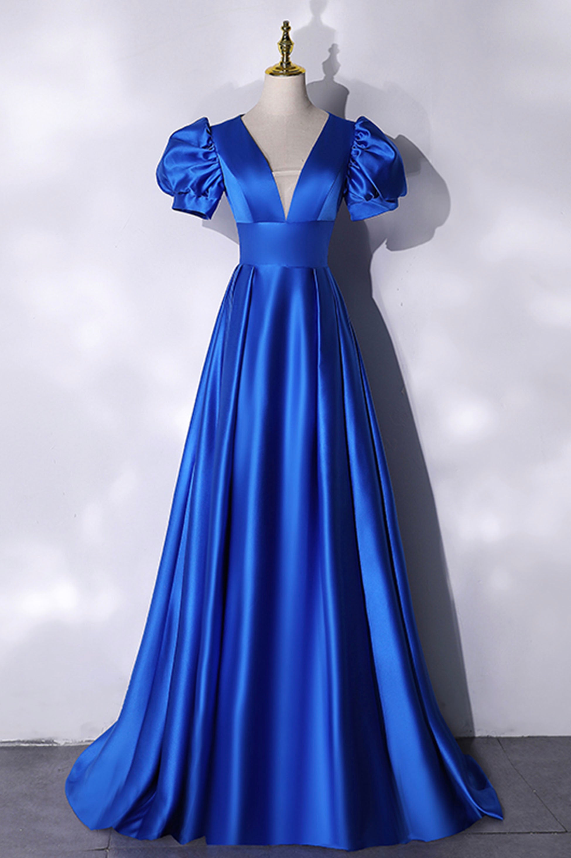 Blue V-Neck Satin Long Corset Prom Dress, Simple Blue Evening Party Dress Outfits, Long Gown