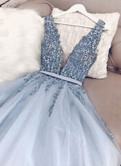 Blue v neck tulle beads long Corset Prom dress, evening dress outfit, Party Dress Inspo