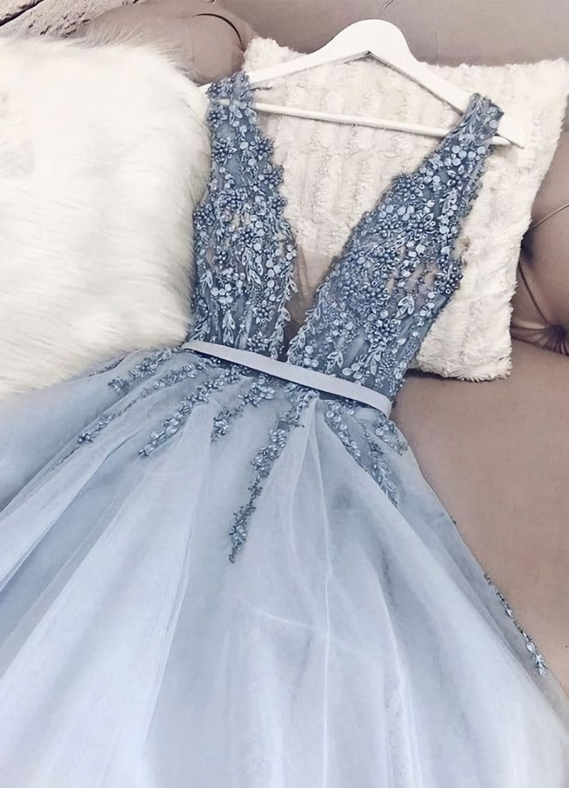 Blue v neck tulle beads long Corset Prom dress, evening dress outfit, Party Dresses Classy